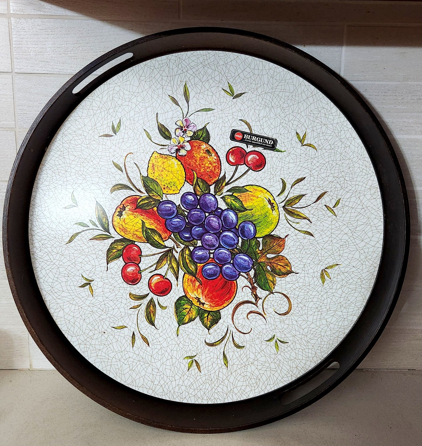 70s EMSA West Germany "Burgund" Round Wood Serving Tray