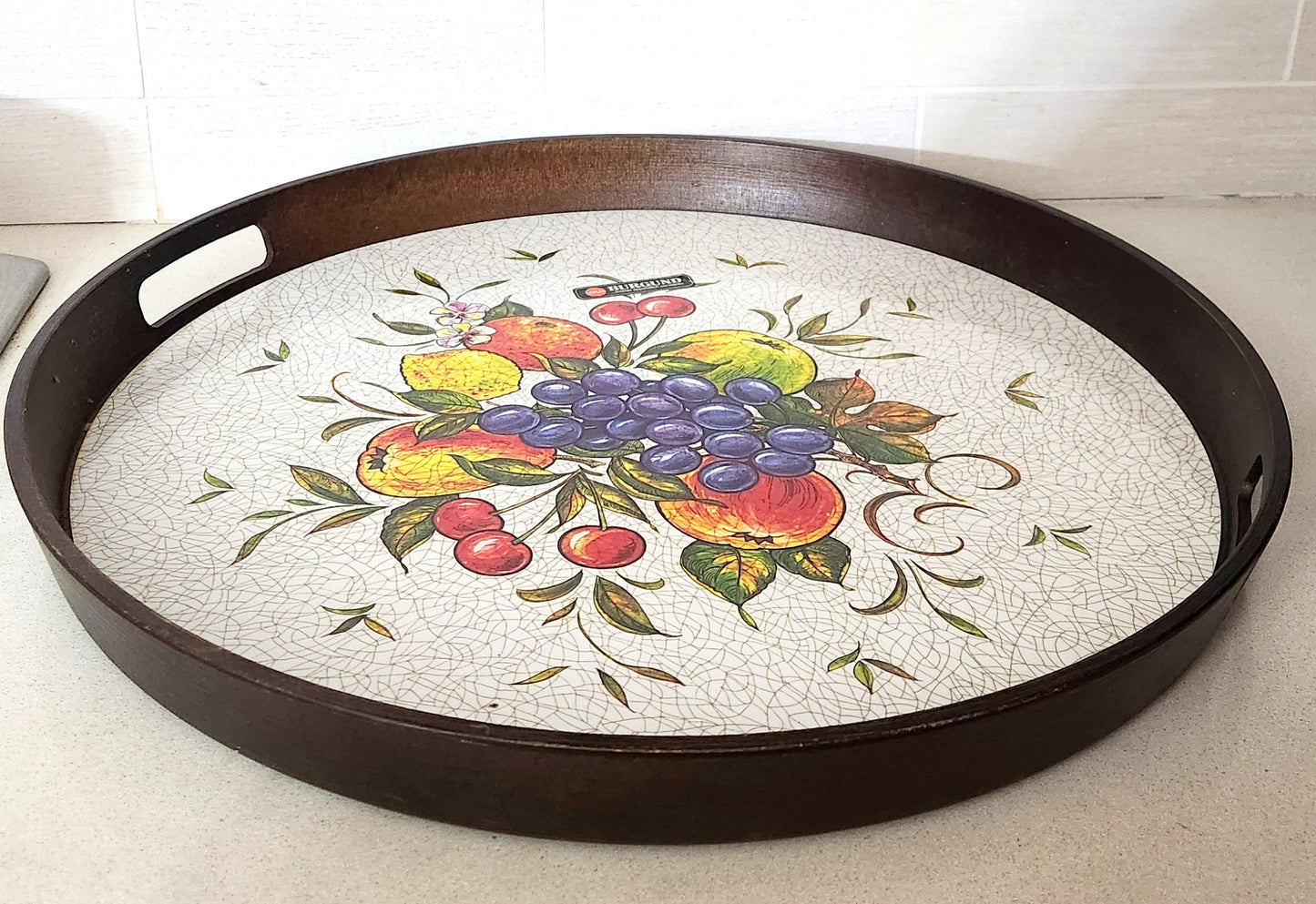 70s EMSA West Germany "Burgund" Round Wood Serving Tray