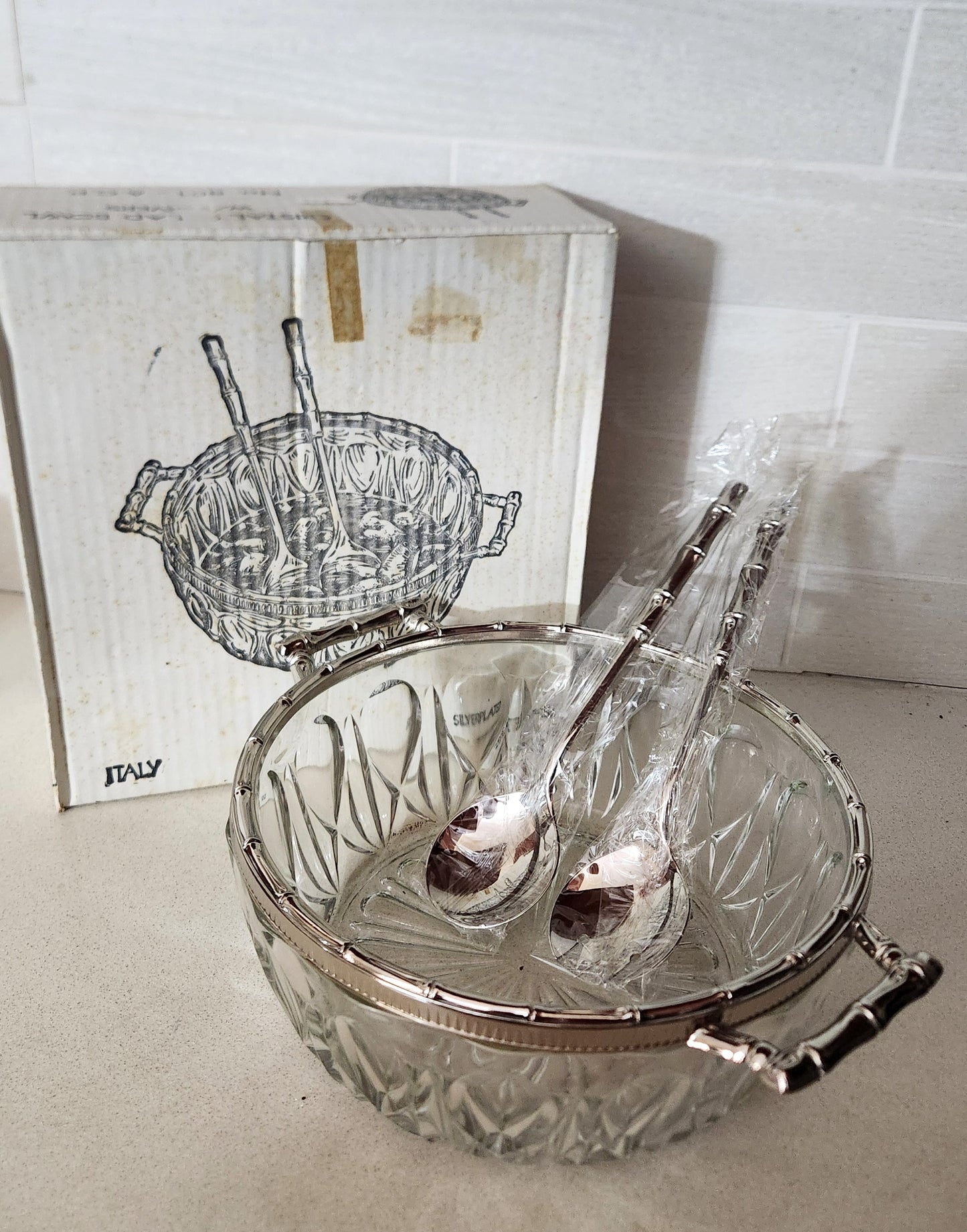 Italian Cristal Salad Bowl with Silverplated Bamboo Trim & Servers