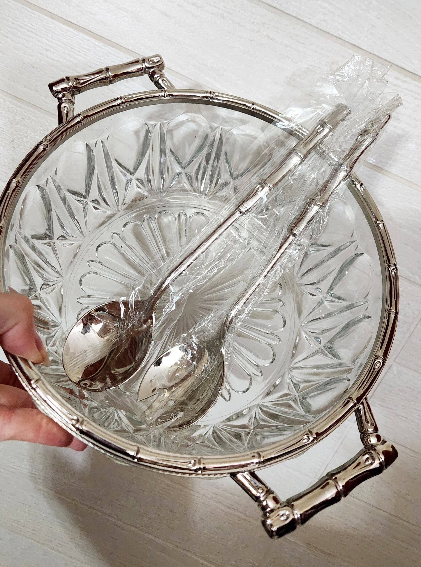 Italian Cristal Salad Bowl with Silverplated Bamboo Trim & Servers