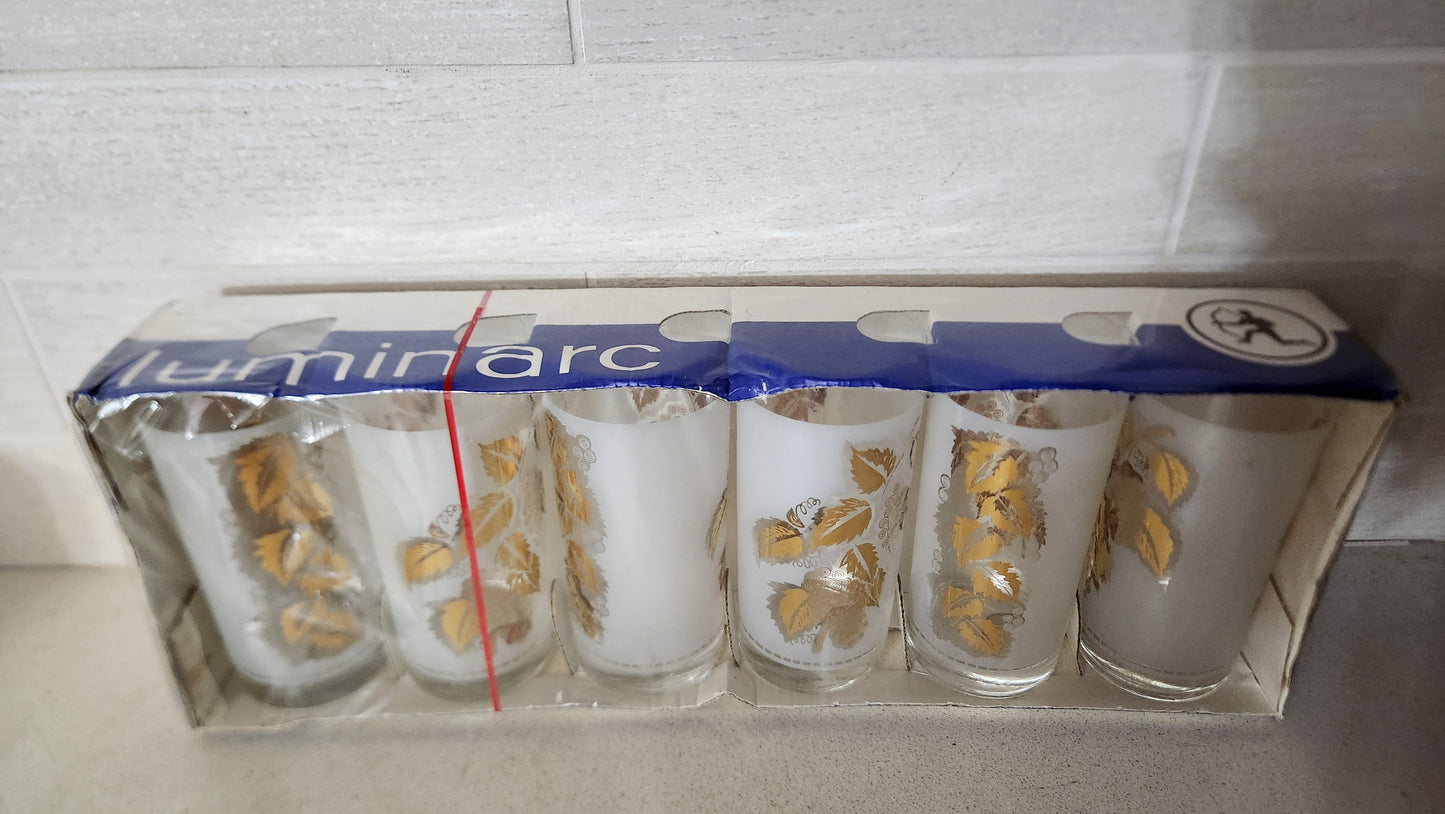 Luminarc France Frosted Gold Grape Leaf Tumbler Glasses