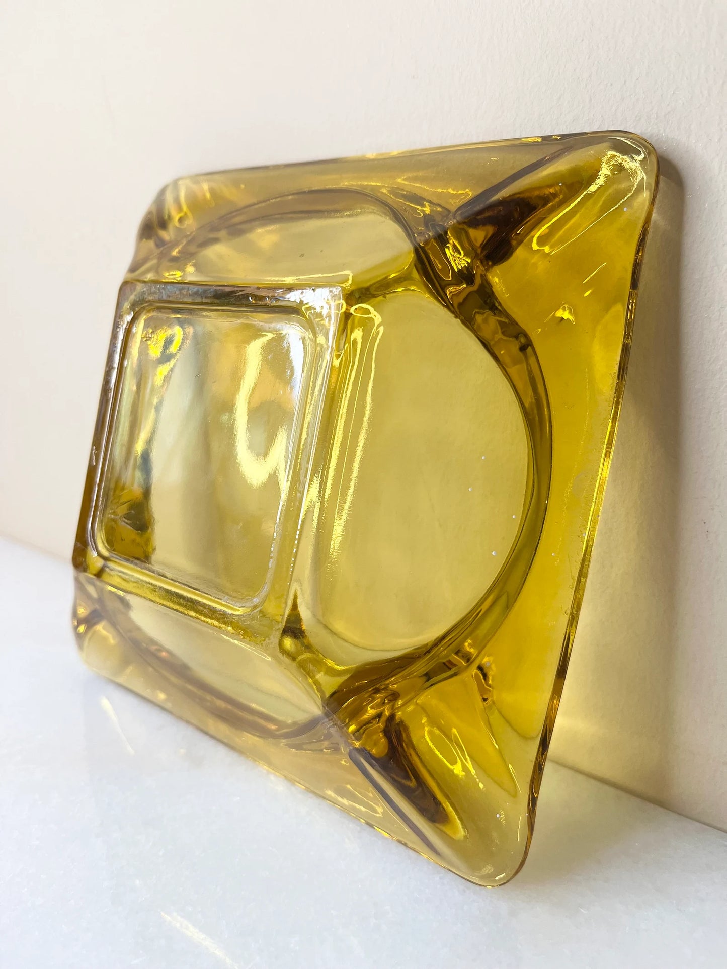 Vintage Mid-Century Amber Glass Ashtray - Square Heavy Glass